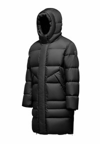 Zwarte pufferjas met een hoge kraag en capuchon, met een doorstikte uitstraling, oversized vorm en zijzakken. Gladde, glanzende textuur.