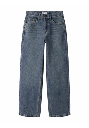 Jean denim bleu coupe droite avec poches avant, passants de ceinture et fermeture par boutons.