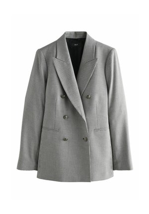 Double-breasted, grey and white small checkered blazer with wide lapels and six metal buttons, displayed on a white background.