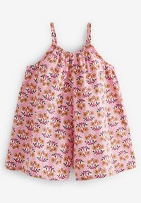 Rompers sans manches à motif floral avec un fond rose, un col froncé et des fleurs jaunes et rouges avec des accents verts.