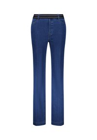 Jeans blu scuro con vestibilità a gamba dritta, dotati di una cintura elastica nero a righe e tasche standard. Tessuto denim liscio.