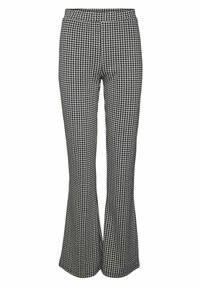 Svart och vit houndstooth-mönstrade utsvängda byxor med elastisk midja. Tyget verkar slätt med en subtil textur och skräddarsydd design.
