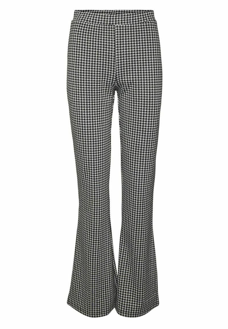 Svart och vit houndstooth-mönstrade utsvängda byxor med elastisk midja. Tyget verkar slätt med en subtil textur och skräddarsydd design.