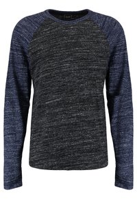 T-shirt à manches longues en raglan avec un corps gris foncé et des manches bleu marine. Texture douce et chinée avec un col rond.