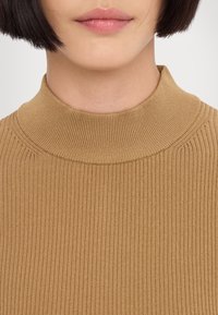 Pull à col roulé côtelé en beige chaud. Présente un col haut, une silhouette ajustée et une texture douce pour le confort.