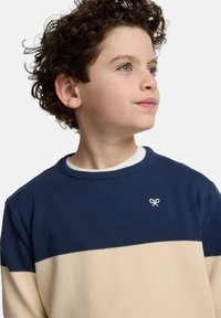 Suéter de punto en azul marino y beige con cuello redondo, que presenta un destacado diseño de bloques de color horizontal y un pequeño detalle de logo en blanco.