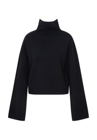 Krótki czarny sweter z golfem, z długimi, szerokimi rękawami. Wykonany z miękkiej, teksturowanej tkaniny, z dopasowanym dekoltem i minimalnymi detalami.