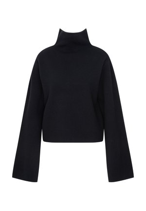 Maglione nero a collo alto tagliato, con maniche lunghe e larghe. Realizzato in tessuto morbido e testurizzato, presenta un colletto aderente e dettagli di design essenziali.