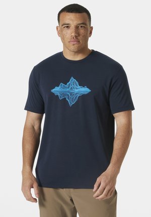 Marineblauw T-shirt met korte mouwen, voorzien van een geometrische blauwe lijn grafiek op de voorkant, gemaakt van een zachte, ademende stof.