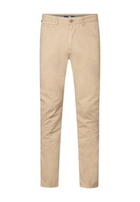 Beige katoenen chinos met een slim fit, voorzien van een knoopsluiting aan de voorkant, riemlussen en zijzakken, een gladde textuur en zonder patronen.