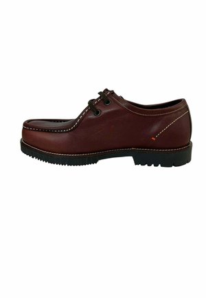 Braune Leder-Schnürschuhe mit runder Spitze, weißen Nähten und einer geriffelten schwarzen Gummisohle. Verfügt über zwei Ösen für die Schnürsenkel.