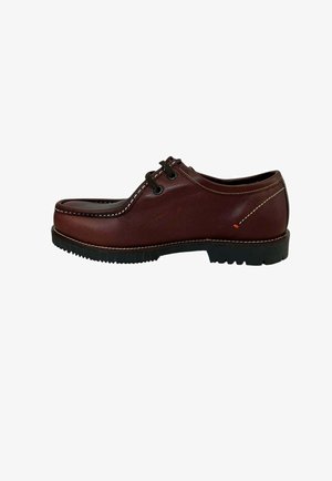 Brown leather lace-up shoe with rounded toe, white stitching, and a ridged black rubber sole. Features two eyelets for laces.