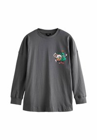 Graues langärmliges T-Shirt aus weicher Baumwolle mit Rundhalsausschnitt. Mit buntem Cartoon-Stickmotiv auf der Vorderseite, das verspielte Charaktere zeigt.