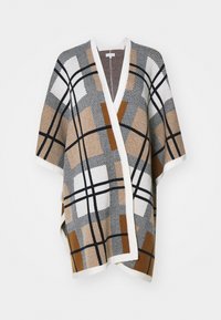 Poncho patterned în nuanțe de maro, alb și negru. Prezintă modele geometrice cu guler tip șal și deschidere frontală. Textură moale.