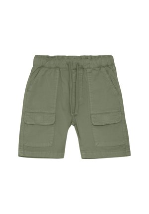 Olivgröna cargoshorts gjorda av lättviktsmaterial, med elastisk midja, dragsnodd och två framfickor samt två sidfickor.