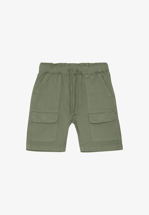 Shorts cargo vert olive en tissu léger, dotés d'une taille élastique, d'un cordon de serrage et de deux poches avant et deux poches latérales.