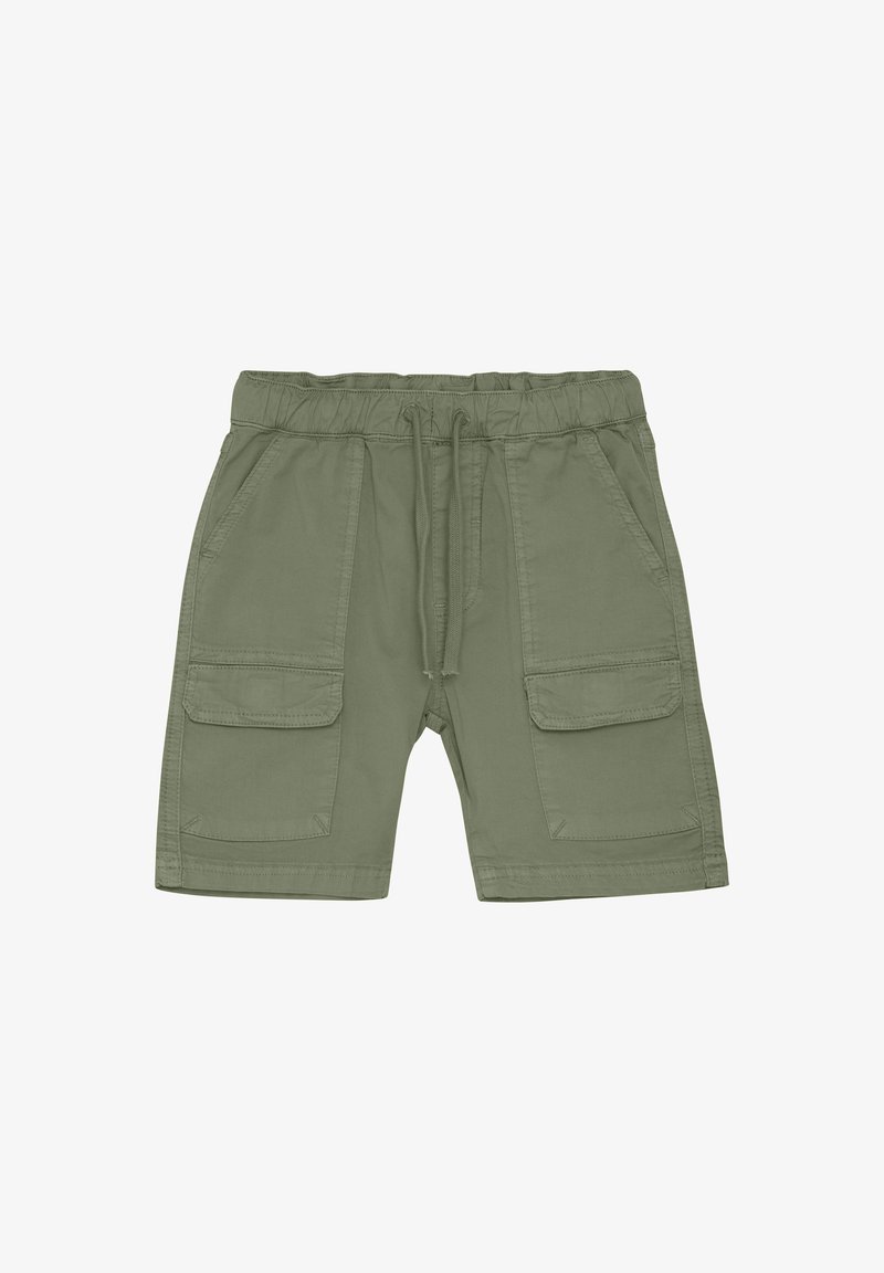 Olijfgroene cargoshorts gemaakt van lichtgewicht stof, met een elastische tailleband, trekkoord en twee voorkeurs- en twee zijzakken.