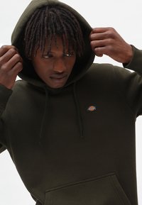 Sudadera de color verde oscuro hecha de material suave con un bolsillo frontal. Presenta un pequeño parche con logo en el pecho y cordones en la capucha.