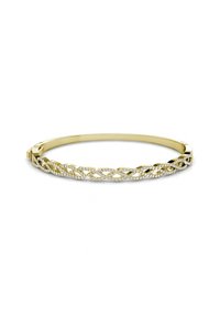 Bracciale in oro con un design a catena intrecciata, impreziosito da piccoli pietre trasparenti lungo i bordi per un ulteriore dettaglio e texture.