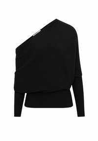 Zwarte ribgebreide pullover met asymmetrisch off-shoulder ontwerp, lange mouwen en textuurstof. Heeft een aansluitende onderzoom.
