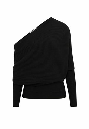 Pullover nero a coste con design asimmetrico off-shoulder, maniche lunghe e tessuto testurizzato. Presenta un orlo inferiore aderente.