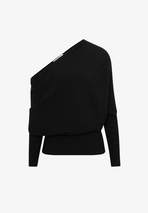 Suéter negro acanalado con diseño asimétrico de un solo hombro, mangas largas y tejido texturizado. Presenta un dobladillo inferior ajustado.