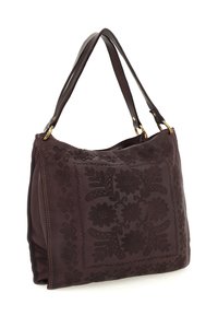 Borsa a spalla in pelle marrone scuro con motivo floreale e foglie embossato, doppi manici e anelli in metallo dorato.