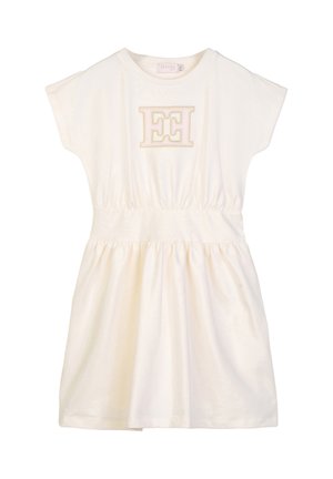 Abito crema a maniche corte con vita arricciata e logo "EC" ricamato sul petto, caratterizzato da una scollatura ampia e rotonda e una gonna ampia.