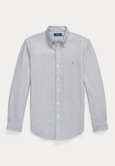 Light gray long-sleeve button-down shirt with buttoned collar and small embroidered Polo Ralph Lauren logo on the left chest.