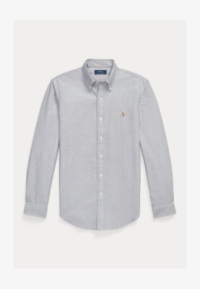 Light gray long-sleeve button-down shirt with buttoned collar and small embroidered Polo Ralph Lauren logo on the left chest.