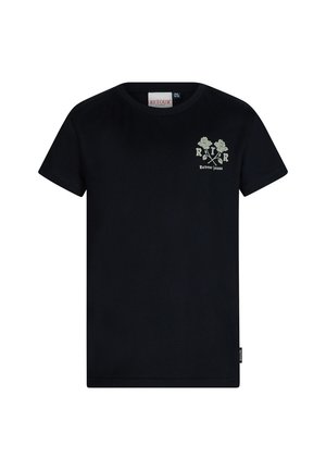 T-shirt nera in cotone con maniche corte, caratterizzata da una grafica floreale verde e un logo sulla parte superiore sinistra del petto. Collo rotondo classico.