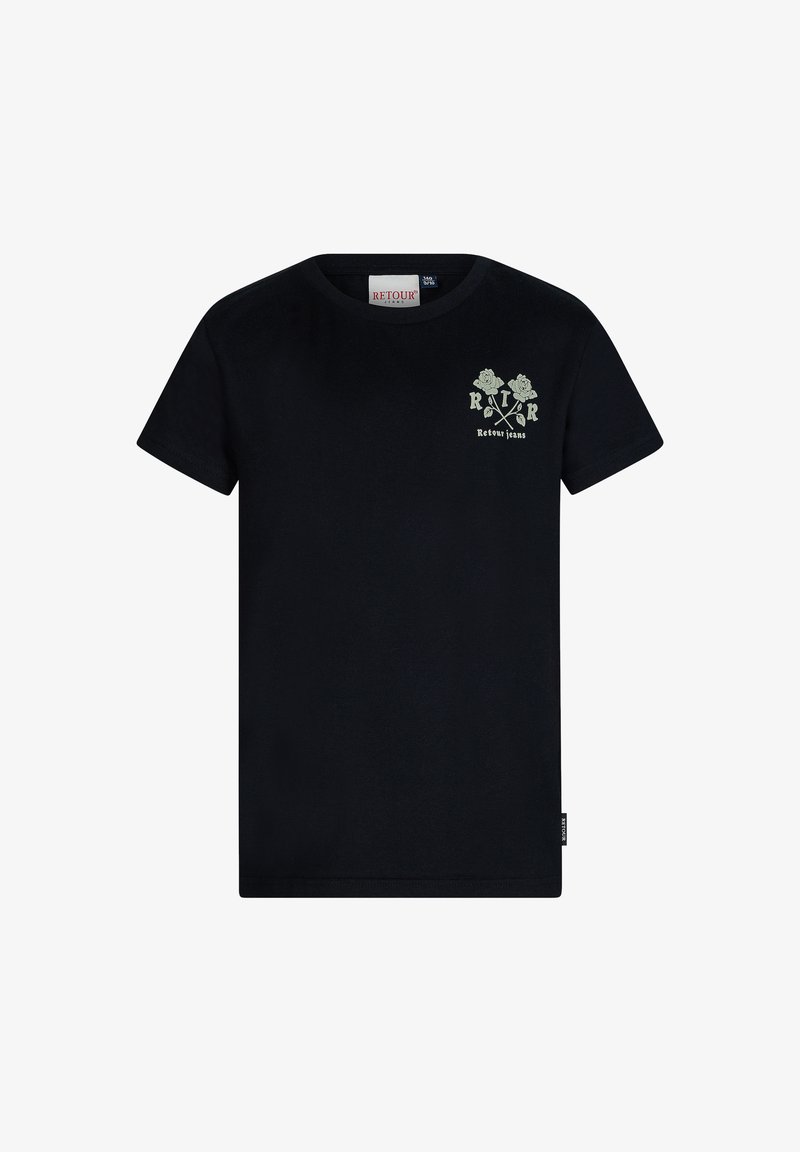 Czarny bawełniany t-shirt z krótkimi rękawami, z zieloną grafiką kwiatową i logo na górnej lewej części klatki piersiowej. Klasyczny okrągły dekolt.