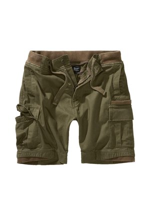 Kaki zelené cargo šortky s stahovací šňůrkou v pase, několika bočními kapsami a měkkou hnědou vnitřní podšívkou. Vyrobené z odolné tkaniny.