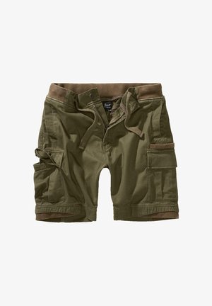 Kaki zelené cargo šortky s stahovací šňůrkou v pase, několika bočními kapsami a měkkou hnědou vnitřní podšívkou. Vyrobené z odolné tkaniny.