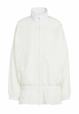 Weiße Jacke mit durchgehendem Reißverschluss, hohem Kragen, elastischen Bündchen, tailliertem Bund und Fronttaschen, mit dezenten, erhabenen Streifen an den Ärmeln.