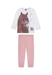 Set of children's pajamas featuring a long-sleeve white top with a horse graphic and pink elastic waistband pants with tapered cuffs.