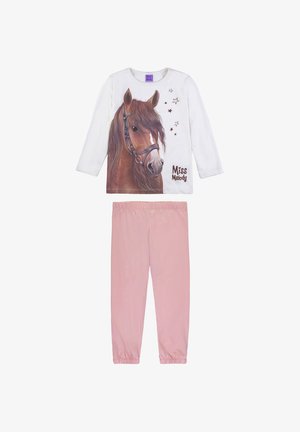 Set di pigiami per bambini composto da un top bianco a maniche lunghe con grafica di un cavallo e pantaloni con elastico rosa alla vita e polsini affusolati.
