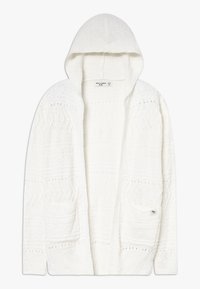 Biała dziana kardigan z kapturem, z teksturowymi wzorami i dwoma przednimi kieszeniami. Wykonana z miękkiej przędzy, z otwartym przodem.