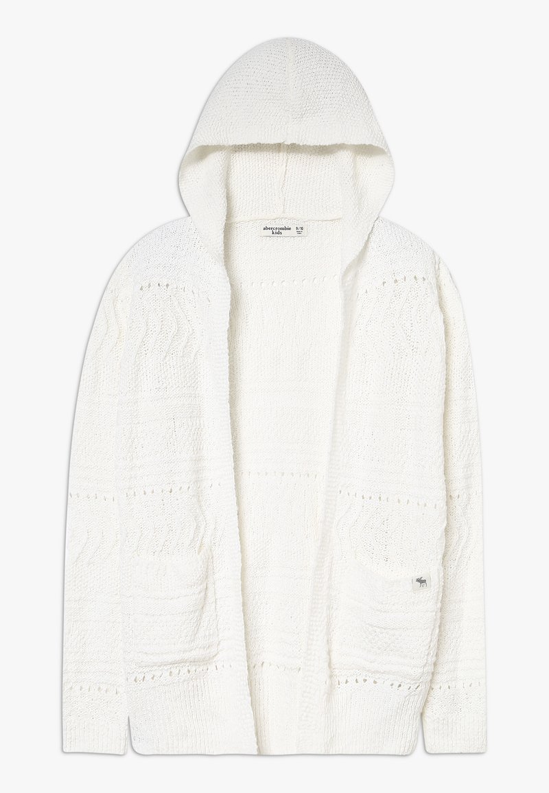 Biała dziana kardigan z kapturem, z teksturowymi wzorami i dwoma przednimi kieszeniami. Wykonana z miękkiej przędzy, z otwartym przodem.