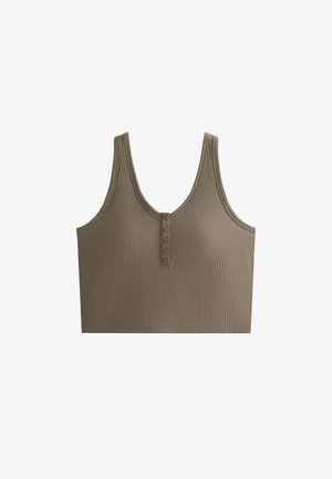 Geripptes, khakifarbenes Crop Top mit breiten Schulterträgern und einem tiefen Ausschnitt, das eine Knopfleiste auf der Vorderseite aufweist.