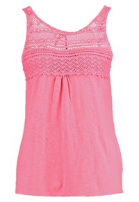 Rosa tanktop med en tekstureret blonde-topdel, der har et zigzag-mønster og en løs, sammenkrøllet form for nem brug.