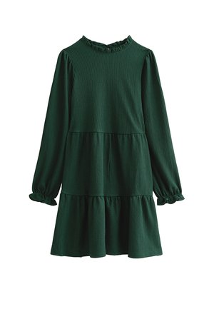 Dark green long-sleeve dress made of textured fabric, featuring a ruffled neckline and a tiered, flared skirt. Gathered cuffs at sleeves.