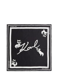 Foulard noir avec une bordure blanche présentant quatre chats blancs portant des lunettes de soleil et la signature "Karl" en cursive au centre.