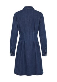 Denim shirt dress featuring a collar, long sleeves, and a fitted waist with pleats, in a dark blue wash with contrast stitching details.