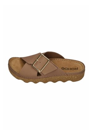 Brown slip-on sandal with a wide adjustable strap, gold buckle, cork-textured sole, and cushioned footbed labeled "ROHDE."