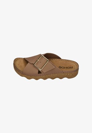 Brown slip-on sandal with a wide adjustable strap, gold buckle, cork-textured sole, and cushioned footbed labeled "ROHDE."