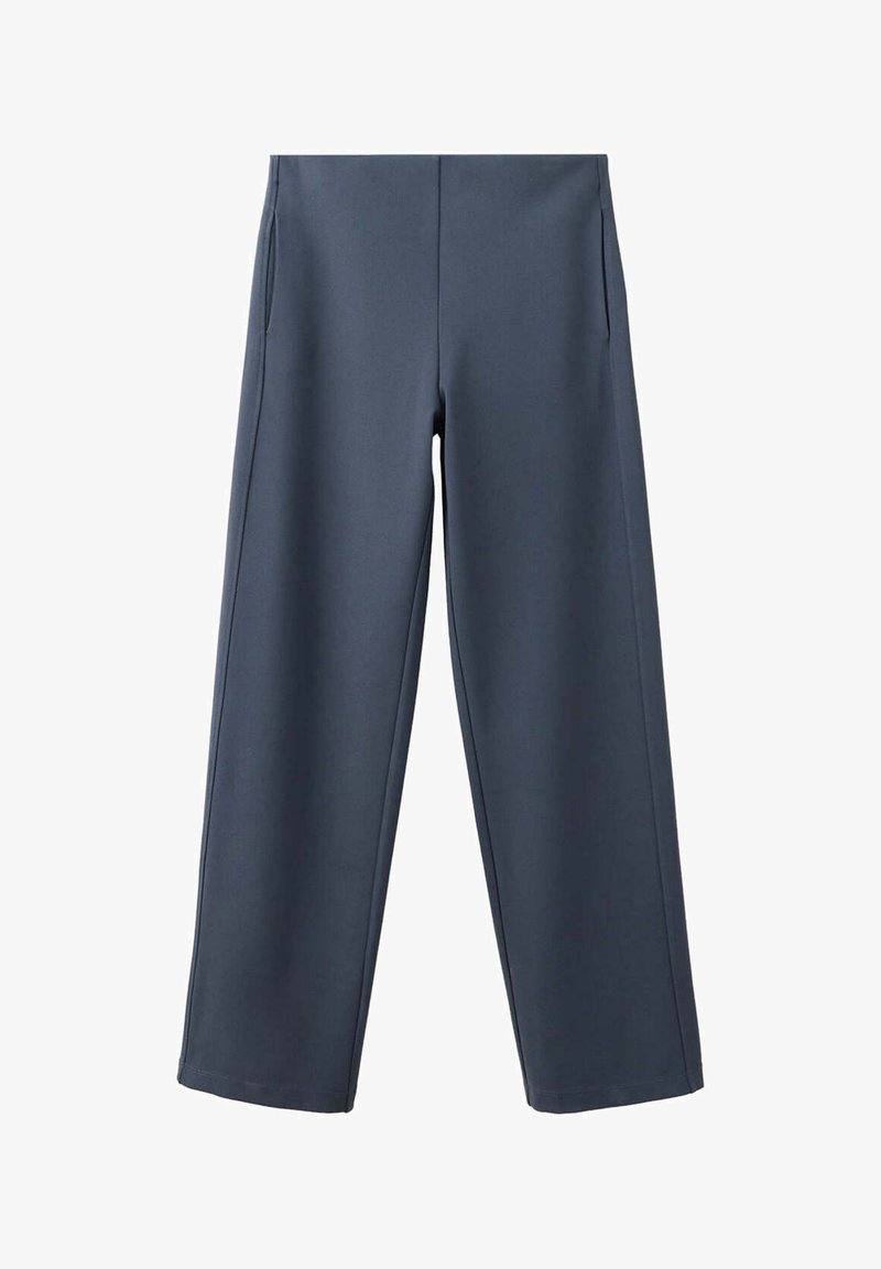 Pantalon gris foncé à coupe droite avec poches latérales, sans boutons ni fermetures éclair visibles, présenté sur fond blanc.