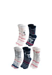 Set di sei paia di calze da crew che presentano vari motivi, colori e design. I materiali includono cotone, con accenti in rosso, blu navy e grigio.