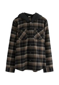 Rutet flannel skjorte med sort hætte. Sort, brun og hvidt ternet mønster. To brystlommer med knaplukninger. Blød tekstur.