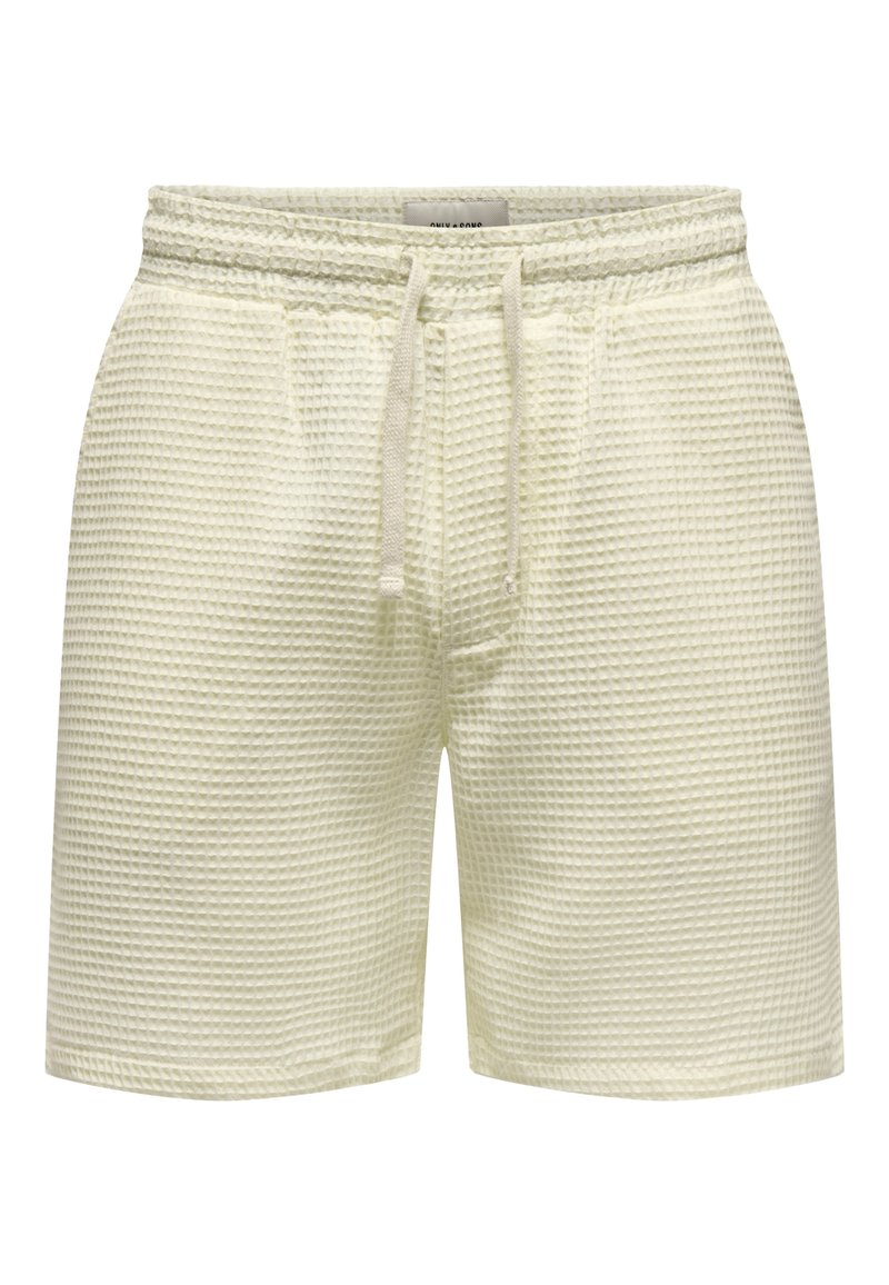 Helle gelbe Shorts aus strukturiertem Waffelstoff, mit elastischem Taillenbund und Kordelzug, Seitentaschen und einer lockeren Passform.